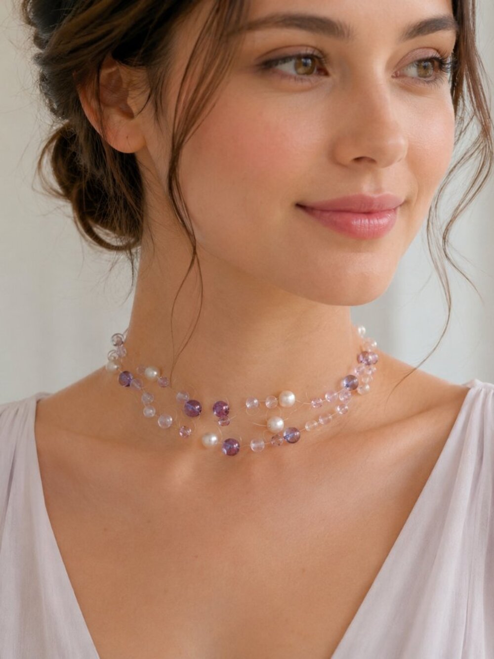 Pink Crystal and Lavender Pearl Illusion Necklace